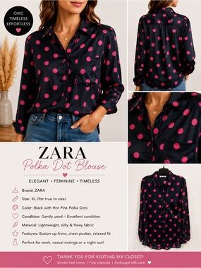 Zara Black and Pink Polka Dot Button Down Shirt